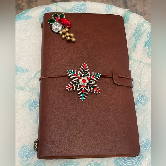 Handmade Accessories - Brown Leather Journal with Festive Embellishments